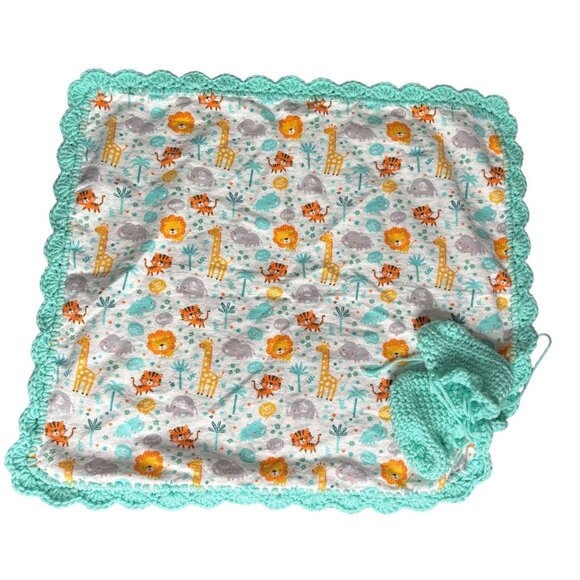 Handmade Baby Receiving Blanket Booties Set Safari Animals Crochet Border - Picture 1 of 7